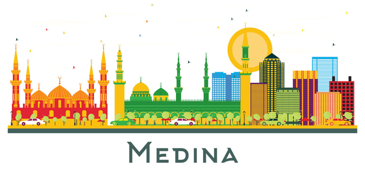 Medina Saudi Arabia city Skyline with Color Buildings isolated on white. Medina cityscape with landmarks. vector