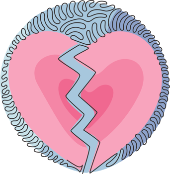 Single continuous line drawing love shape broken in two. Emoji of heartbreak, broken heart or divorce icon. Swirl curl circle style. Dynamic one line draw graphic design illustration png