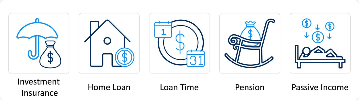 A set of 5 Extra icons as investment insurance, home loan, loan time vector