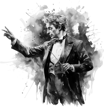 An illustration of a conductor of a orchestra black and white with a bright red watercolor splash, isolated on a white background, made by hand. png