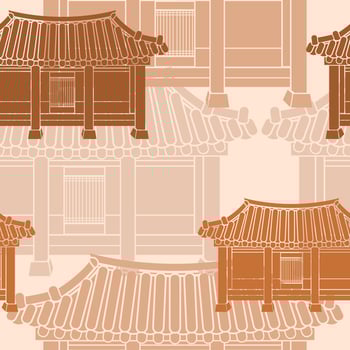 Editable Front View Traditional Hanok Korean House Building Vector Illustration as Seamless Pattern for Creating Background and Decorative Element of Oriental History and Culture Related Design