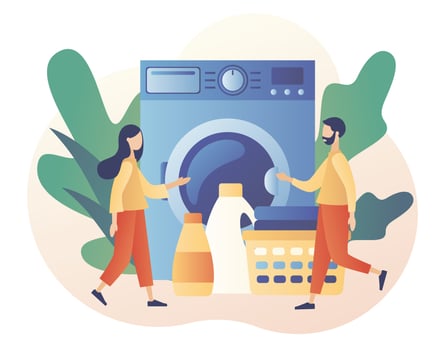 Laundry service. Tiny people laundry in washing machine. Laundromat, home appliance, housekeeping concept. Modern flat cartoon style. Vector illustration on white background