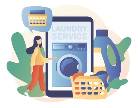 Laundry service online in smartphone app. Washing machines. Laundromat, home appliance, housekeeping concept. Modern flat cartoon style. Vector illustration on white background