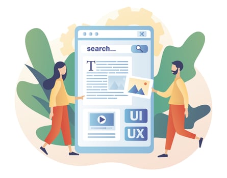 Web UI-UX design. Mobile app development, application design, coding, web building concept. Modern flat cartoon style. Vector illustration on white background