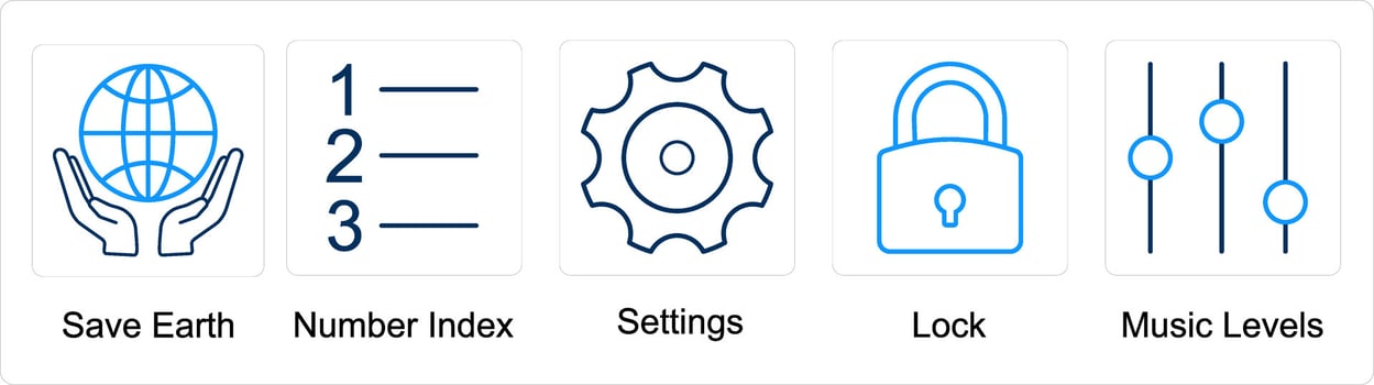 A set of 5 mix icons as save earth, number index, settings vector