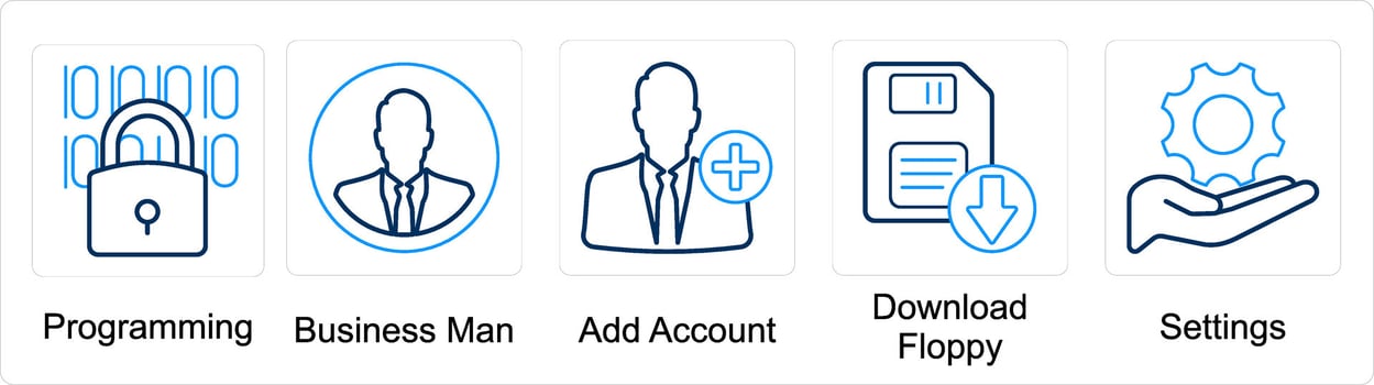 A set of 5 mix icons as programming, businessman, add account vector