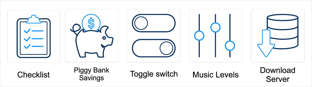 A set of 5 mix icons as checklist, piggy bank savings, toggle switch vector