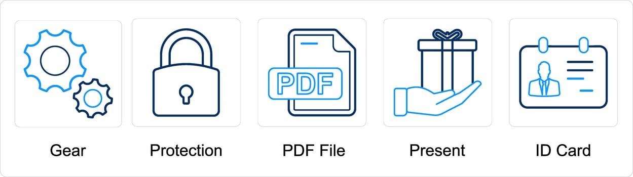A set of 5 mix icons as gear, protection, pdf file vector