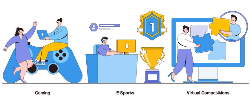 Gaming, E-Sports, Virtual Competitions Concept. Digital Gaming Abstract Vector Illustration Set. Strategy, Skill, Immersive Gameplay Metaphor
