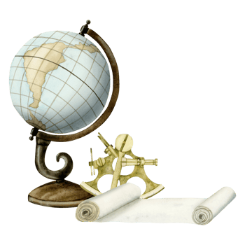 Vintage globe, sextant and map scroll watercolor illustration for sailing, travelling, adventures designs png