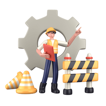 3d illustration of engineer with gear wheel and traffic cones. Labor Day. Isolated transparent background. png