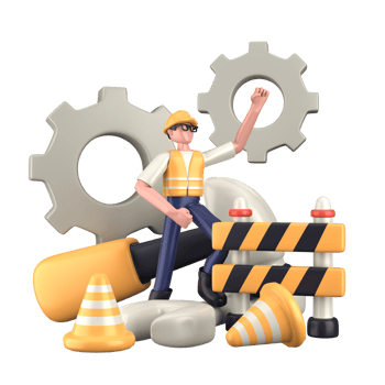 3d illustration of engineer with gear wheel and traffic cones. Labor Day. Isolated transparent background. png
