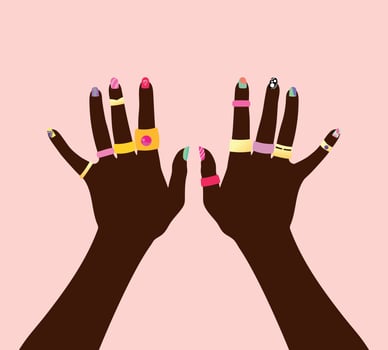 Female hands with gold and colored rings and painted nails. Top view on hands with jewelry and nail design. Vector illustration