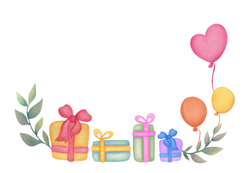 emplate with copy space for horizontal greeting cards, invitations. Watercolor hand drawn frame, border with air Balloons, colorful Gift boxes for happy birthday party card. surprise for baby birth png