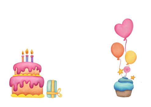 layout for greeting card with cake, balloons, gifts, flowers and copy space. cute watercolor illustration is suitable for invitations to holiday, birthday, congratulations on newborn png