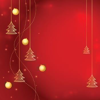 Christmas background with shining stars, confetti, garland and colorful balls. New year and Christmas vector card illustration on red background