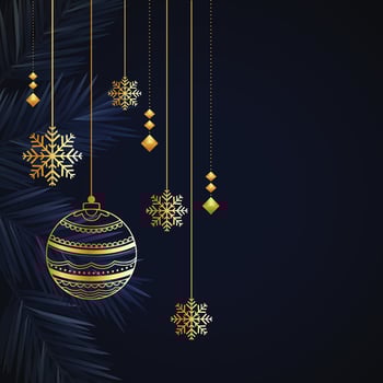 Christmas luxury holiday banner with gold handwritten Merry Christmas and Happy New Year greetings and gold colored Christmas balls. Vector illustration isolated on black background