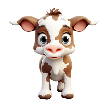 Cute baby cartoon cow big black eye front facing camera view, farm animal watercolor clipart, AI Generated png