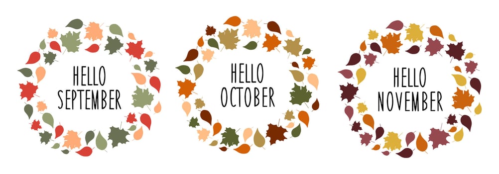 Set of Autumn wreathes with leaves. Vector September, October, November frame with lettering. Autumnal colors and wording isolated on white background. Illustration for banner, card, poster, sticker.