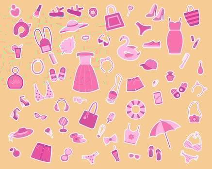 A set of stickers of fashion items and accessories for girls in pink. vector