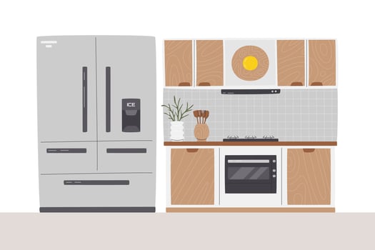 Classic american rustic kitchen interior with wide refrigerator. Minimalist dining and cooking zone with plant and utensils. Fridge for big family. Kitchen set hand drawn flat vector illustration