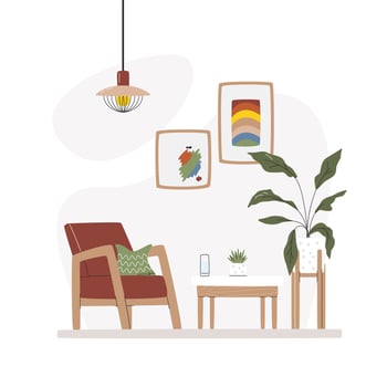 Home calm place for relaxing and reading. Living room zone interior with coffee table and plants. Abstract posters wall art of rainbow and smears. Cozy resting area hand drawn flat vector illustration