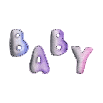 Letters BABY sewn from fabric in gray and lilac. Watercolor illustration, hand drawn. Set of isolated elements png