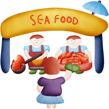 cartoon sea food market with people isolated on transparent background png