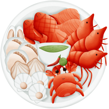 a seafood on a plate with shrimp crab fish shellfish salmon and seafood sauce isolated on transparent background png