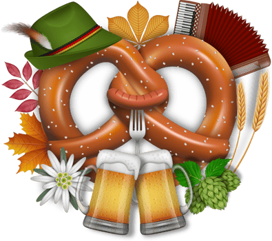 oktoberfest composition with pretzel, beer mugs and other elements png