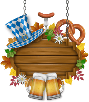 oktoberfest banner with wooden signboard, hat and fall leaves png