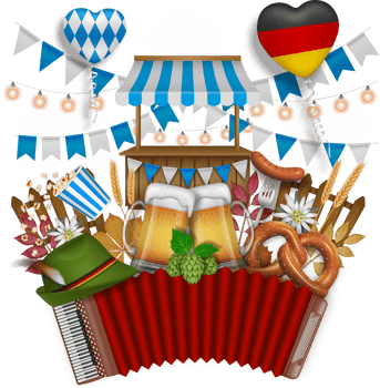 oktoberfest composition with accordion, beer mugs, pretzel and other elements png