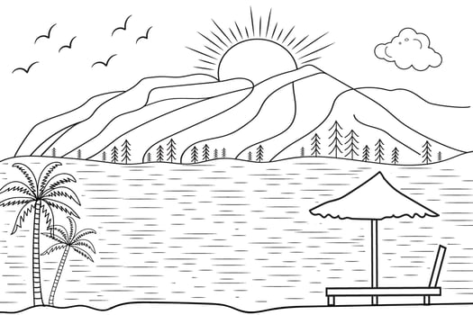 hand-drawn line art landscape mountain view, with sun and clouds, under the river, wild beach sunset and sunrise outline waves Nature view, lake line drawing island hills, Kids drawing coloring page vector