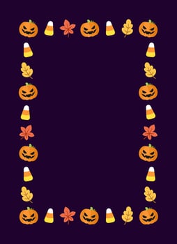 Cute Vertical Rectangle Halloween frame border design with jack o lantern, pumpkins, candy corn. Social media banner post vector illustration.