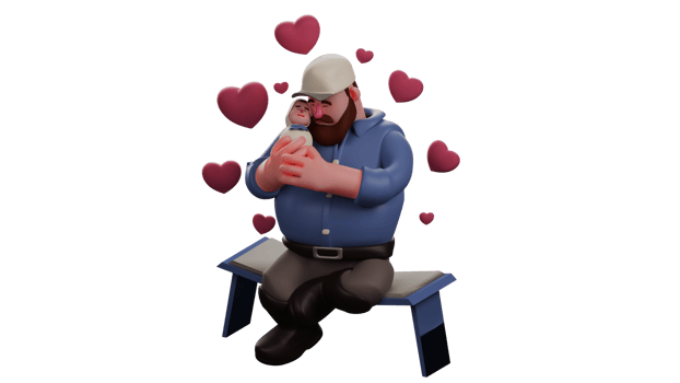 3D illustration. Romantic Father 3D Cartoon Character. Father holding baby in his arms. Dad was wearing neat clothes and a hat. Father and baby surrounded by love symbols. 3D Cartoon Character png