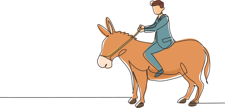 Single one line drawing businessman riding a donkey. Business man rides donkey. Driving donkey. Goal achievement concept. Business competition. Continuous line draw design graphic illustration png