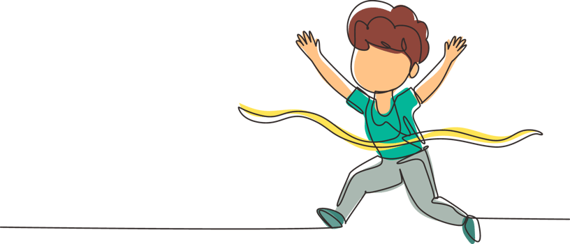 Single continuous line drawing cute boy run in race and win first place. Little kid running to finish line first, children physical activity concept. One line draw graphic design illustration png