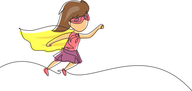 Continuous one line drawing cute super girl. Little girl dressed as super hero flying in traditional heroic pose, stretching up her arm, cape in wind develops. Single line draw design graphic png
