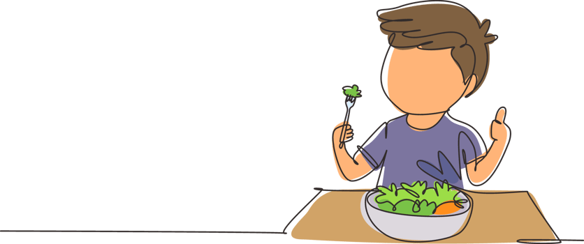 Single one line drawing little boy eating fresh vegetable salad and showing thumb up sign. Child eating salad. Healthy food for kids. Modern continuous line draw design graphic illustration png