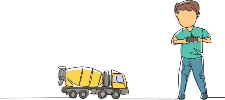 Continuous one line drawing boy playing with remote-controlled mixer truck toy. Cute kids playing with electronic toy mixer truck with remote control in hands. Single line draw design graphic png