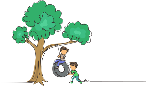Single continuous line drawing happy two boys playing tire swing under tree. Cute kids swinging on tire hanging from tree. Children playing in garden. One line draw graphic design illustration png