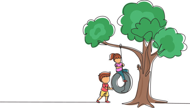 Single one line drawing happy boys and girls playing tire swing under tree. Kids swinging on tire hanging from tree. Children playing in garden. Continuous line draw design graphic illustration png