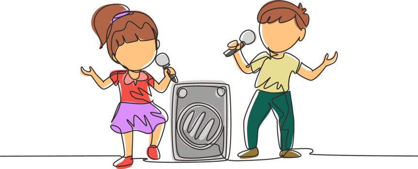 Single one line drawing little boy and girl sing a song together. Good performance and talent on stage. Beautiful melodic singing of children. Continuous line draw design graphic illustration png