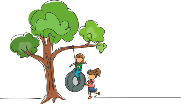 Single one line drawing happy two girls playing tire swing under tree. Cute kids swinging on tire hanging from tree. Children playing in garden. Continuous line draw design graphic illustration png