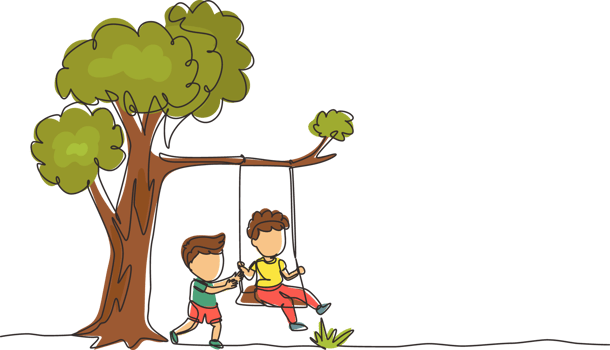 Single continuous line drawing happy two boys playing on tree swing. Cheerful kids on swinging under a tree. Children playing at playground. Dynamic one line draw graphic design illustration png
