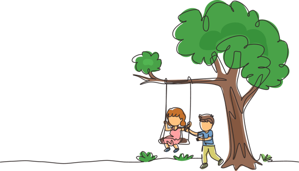 Continuous one line drawing happy boys and girls playing on tree swing. Cheerful kids on swinging under a tree. Cute children playing in playground. Single line draw design graphic illustration png