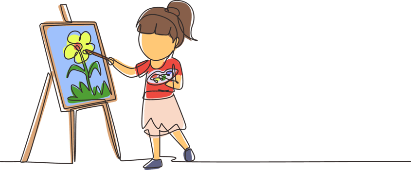 Single one line drawing happy cute little kid girl draw on canvas. Happy child painting on easel. Smiling girl with brush and paints. Modern continuous line draw design graphic illustration png