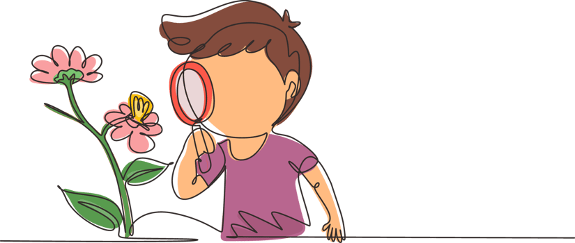 Single one line drawing little boy using magnifying glass and observing butterfly on leaf. Children observing nature. Kids activities. Modern continuous line draw design graphic illustration png