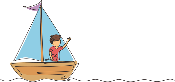 Single one line drawing smiling little boy in sailboat. Happy kids sailing boats. Cute little children on boat. Joyful adventures and travel. Continuous line draw design graphic illustration png