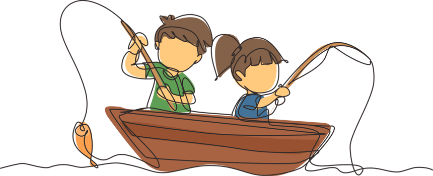 Single one line drawing smiling little boys and girls fishing together on boat. Happy children fishing on boat out in the sea. Fisher kids. Continuous line draw design graphic illustration png